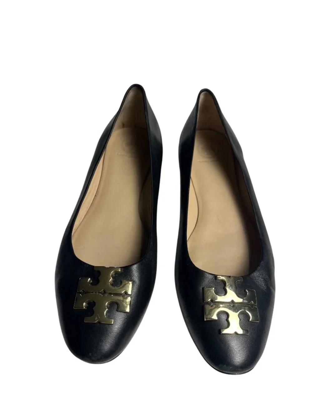 Tory Burch Black Leather Logo Ballet Flats Womens Size 8M With Gold Hardware